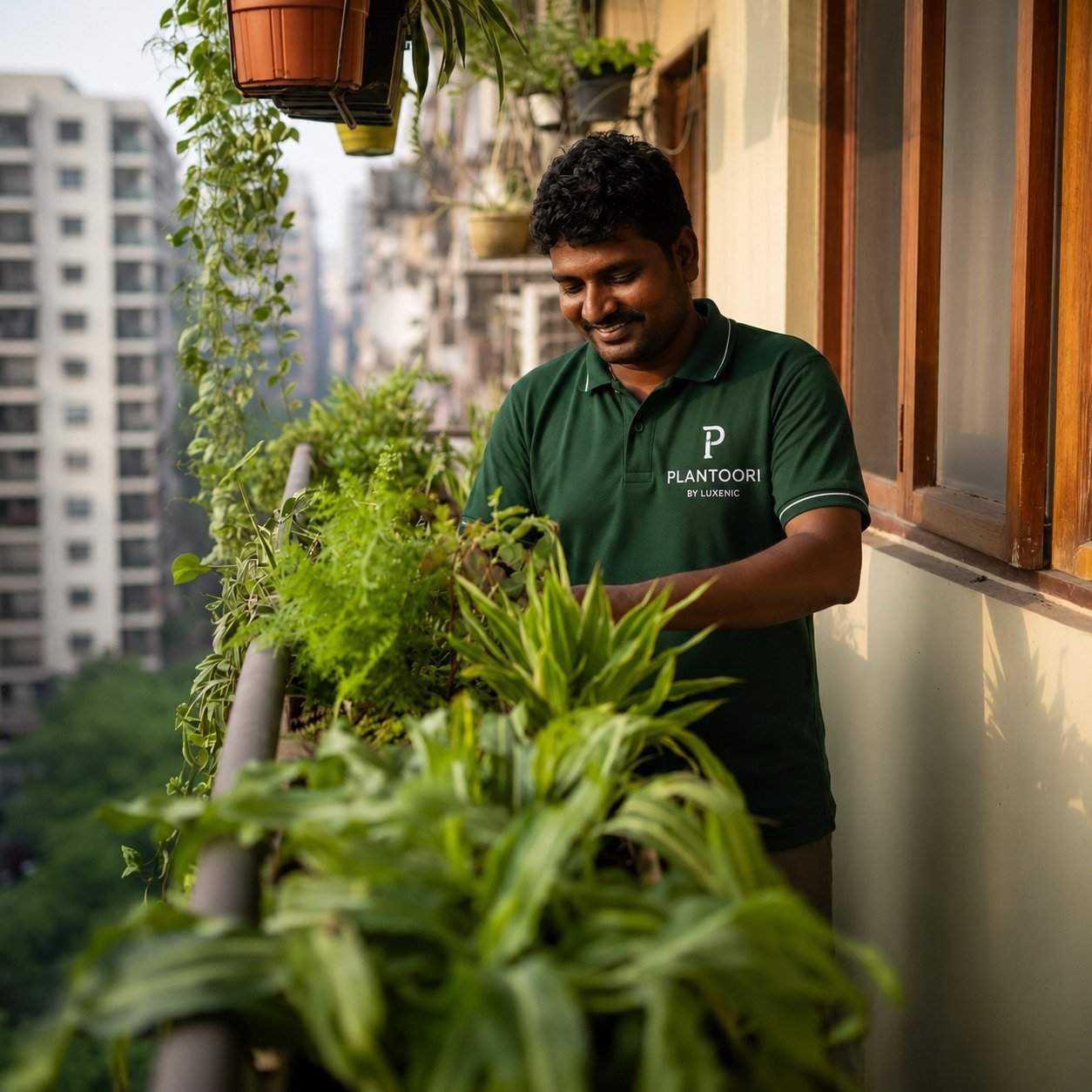 Plantoori gardener caring for a balcony garden